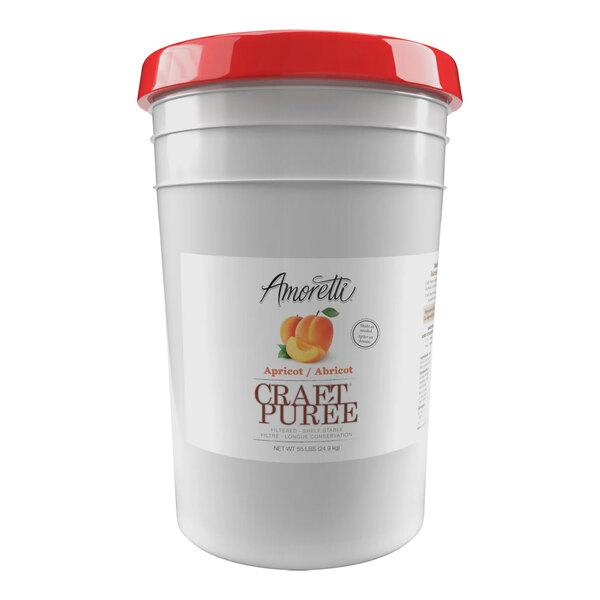 A white bucket of Amoretti Apricot Craft Puree with a white label and red lid.