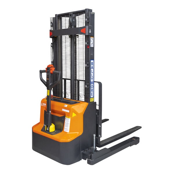 A Ballymore battery-powered straddle leg forklift with a handle.