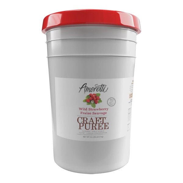 A white bucket of Amoretti Wild Strawberry Craft Puree with a white label and red lid.