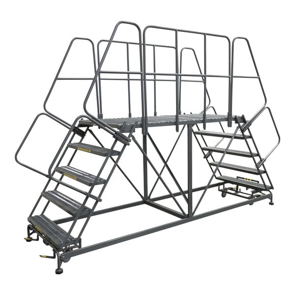 A Ballymore metal double entry work platform with metal steps and handrails.