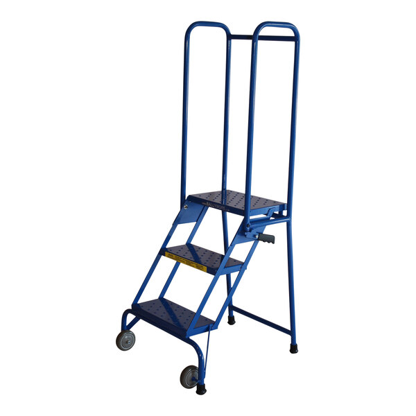 A blue metal Ballymore Lock-N-Stock 3-step folding ladder with wheels.