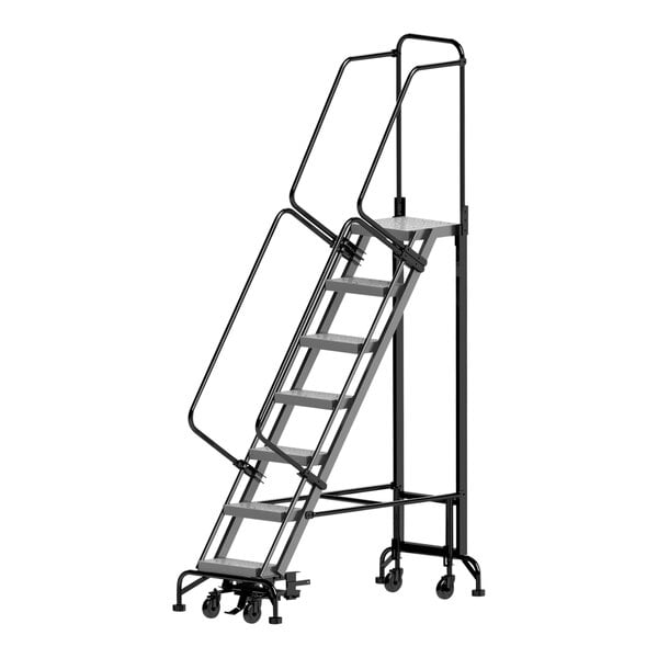 A gray steel Ballymore rolling ladder with wide steps and a wide base.