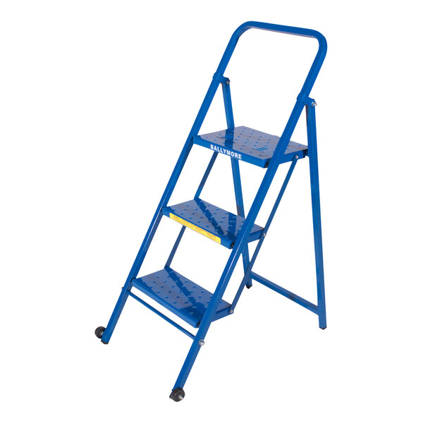 A blue Ballymore 3-step ladder with a metal frame and wheels.