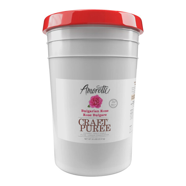 A white bucket of Amoretti Bulgarian Rose Craft Puree with a red lid and label.