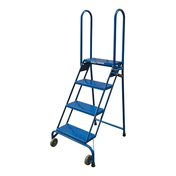 A blue Ballymore 4-step ladder with wheels.