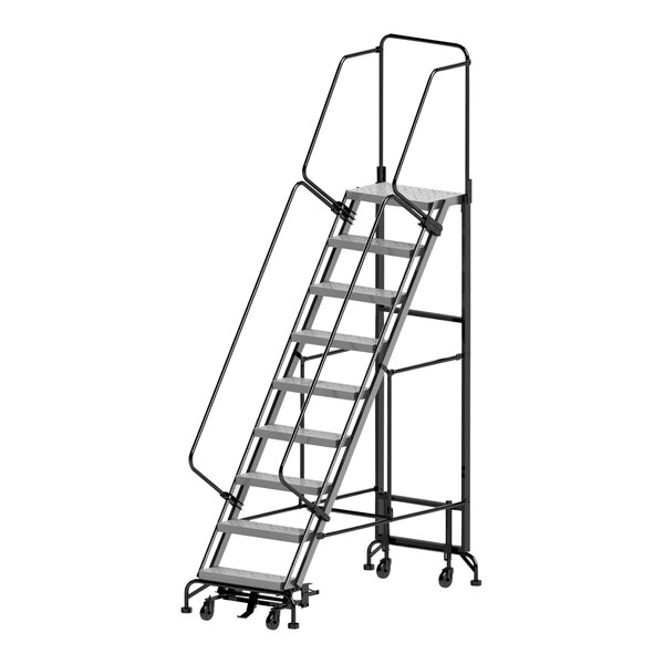 A gray steel Ballymore Hybrid Line rolling ladder with black wheels.