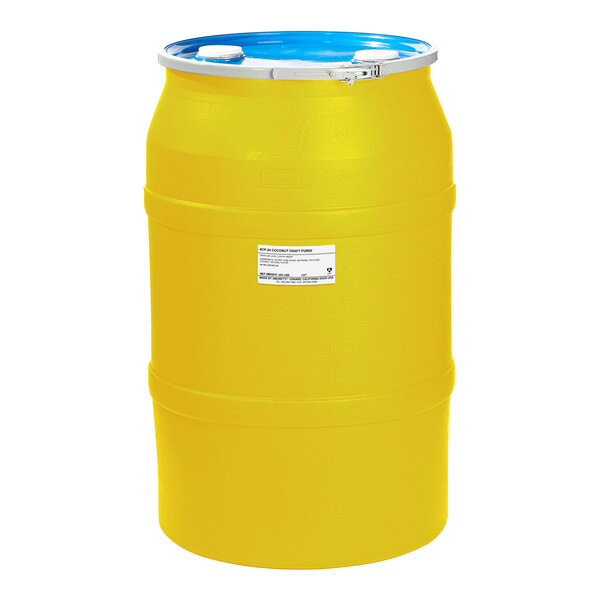 A yellow barrel of Amoretti Coconut Craft Puree with a blue lid and white label.