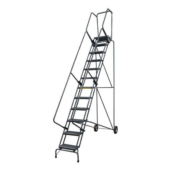 A Ballymore stainless steel folding ladder with wheels.