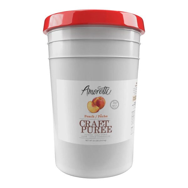 A white bucket of Amoretti Peach Craft Puree with a red lid and label.