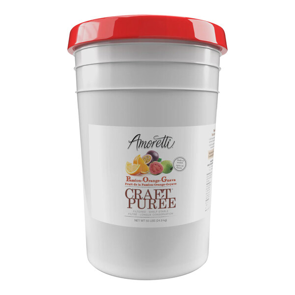 A white bucket with a white label and a red lid containing Amoretti Passion Fruit Orange Guava fruit puree.