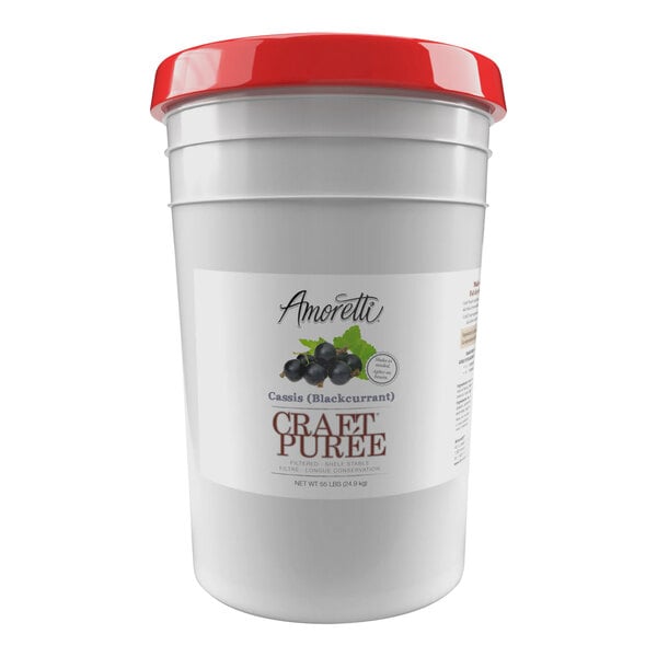 A white bucket of Amoretti Cassis (Blackcurrant) Craft Puree with a red lid and label.