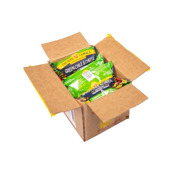 A brown box of Tucson Foods Green Chile and Cheese Tamales with a green and white package inside.