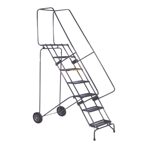 A stainless steel Ballymore folding ladder with wheels.