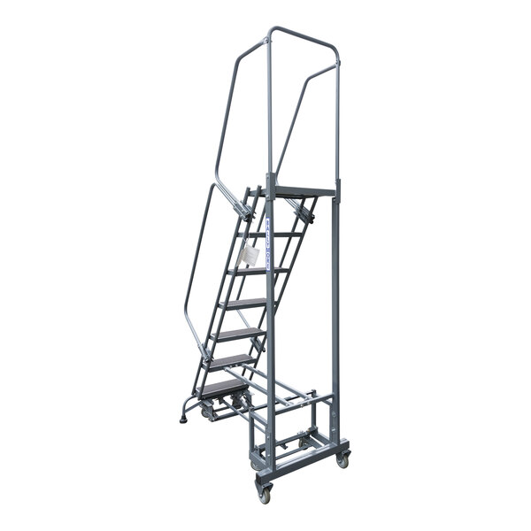 A gray metal Ballymore rolling ladder with steps and wheels.