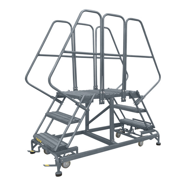 A Ballymore steel double entry work platform with three steps and metal bars.