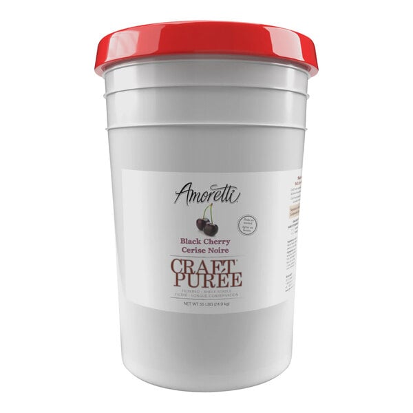 A white bucket of Amoretti Black Cherry Craft Puree with a red lid and label.