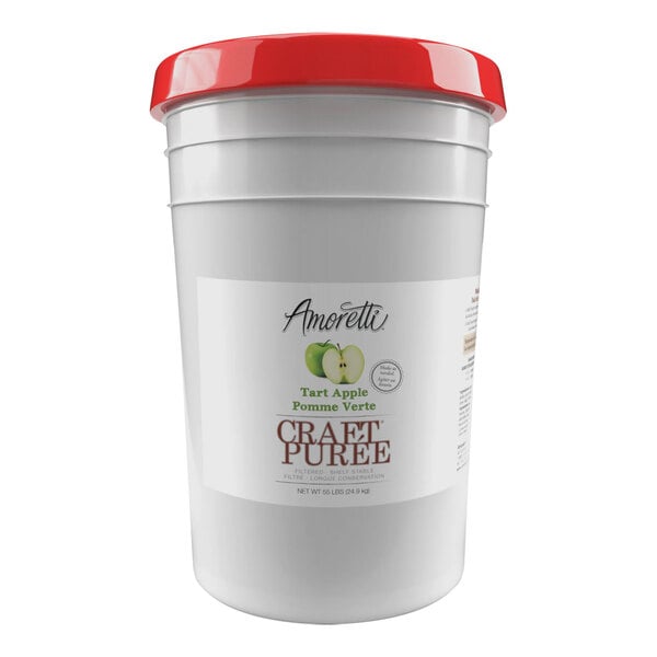 A white plastic bucket of Amoretti Tart Apple Craft Puree with a white label and a red lid.