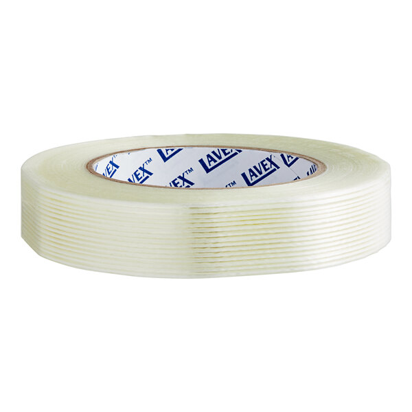 A roll of clear Lavex strapping tape with blue text on the label.
