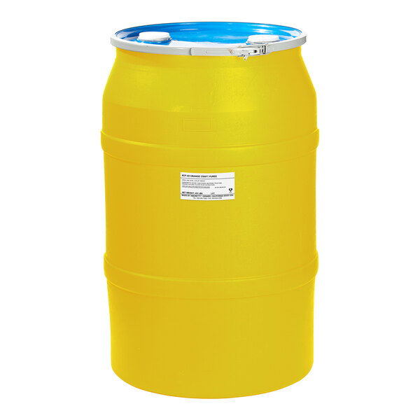 A yellow barrel of Amoretti Orange Craft Puree with a white label and a blue lid.