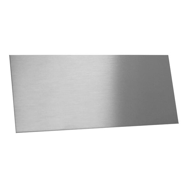 A close-up of a silver metal Western Fabricating stainless steel flat wall base.