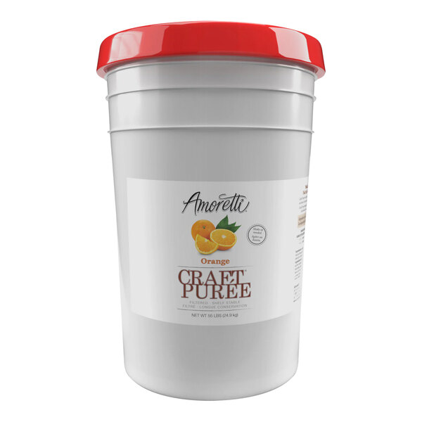 A white plastic bucket of Amoretti Orange Craft Puree with a red lid.
