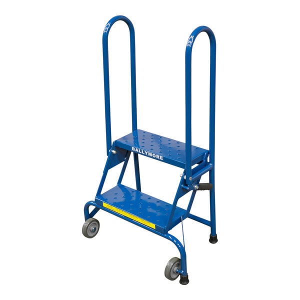 A blue metal step ladder with wheels.