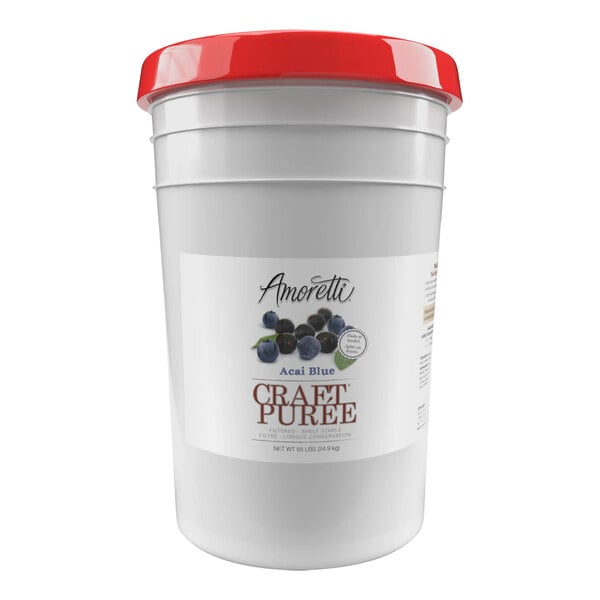 A white bucket of Amoretti Acai Blue Craft Puree with a red lid and label.