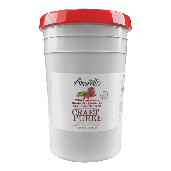 A white bucket of Amoretti Wild Strawberry Rhubarb Craft Puree with a white label and red lid.