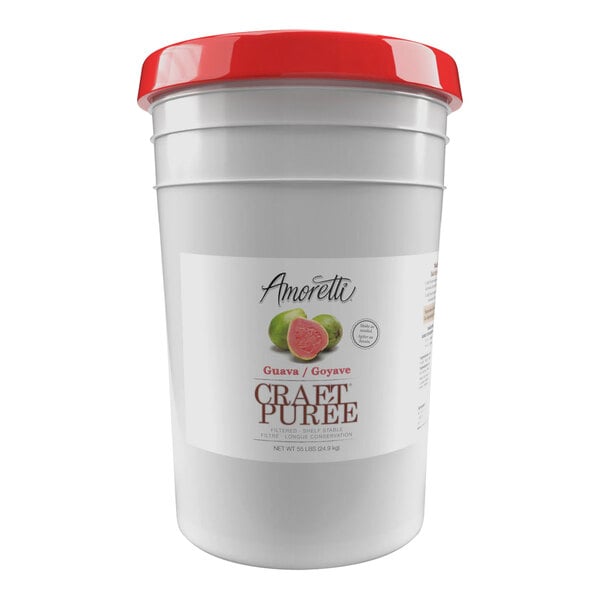 A white bucket of Amoretti Guava Craft Puree with a red lid.