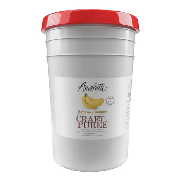 A white bucket of Amoretti Banana Craft Puree with a red label.