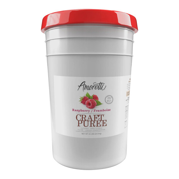 A white bucket of Amoretti Raspberry Craft Puree with a red lid and label.