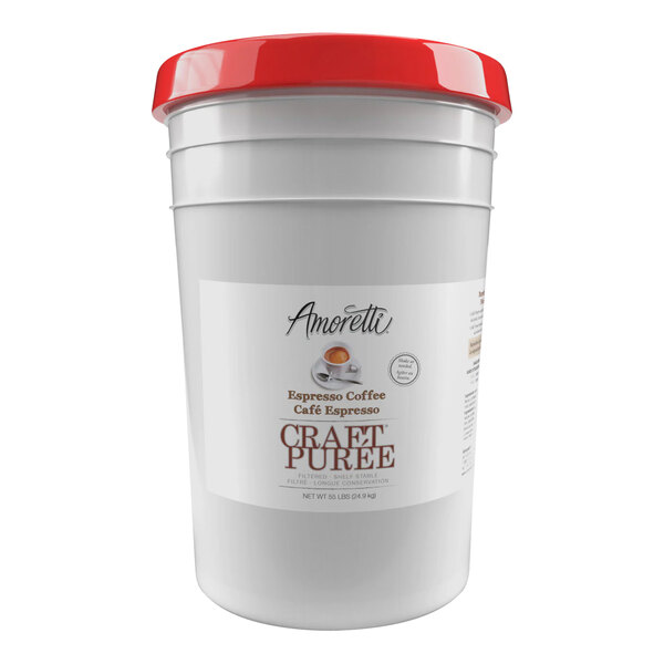 A white plastic bucket of Amoretti Espresso Coffee Craft Puree with a red lid.