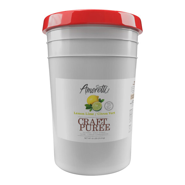 A white bucket of Amoretti Lemon-Lime Craft Puree with a red lid and label.