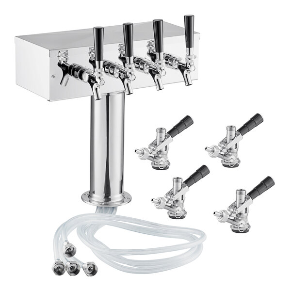 A silver Avantco beer tower with black handles and hoses.