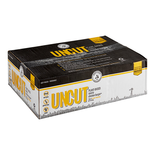 A black and white box of Before the Butcher Plant-Based Vegan Chicken Patties with yellow text.