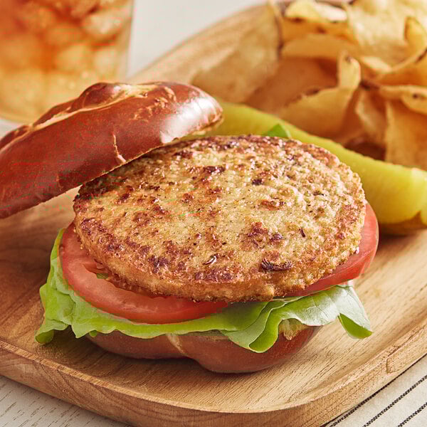 A close-up of a Before the Butcher plant-based chicken patty on a wooden plate with lettuce and tomato.