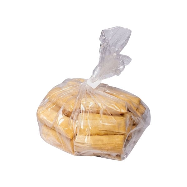 A bag of Tucson Foods Blue Corn and Veggie Tamales in a plastic bag.