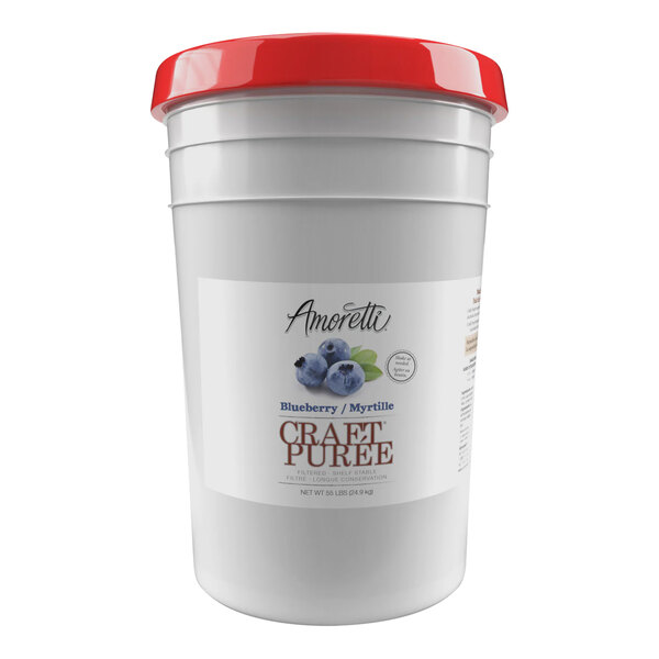 An Amoretti white plastic bucket of blueberry craft puree with a red lid.