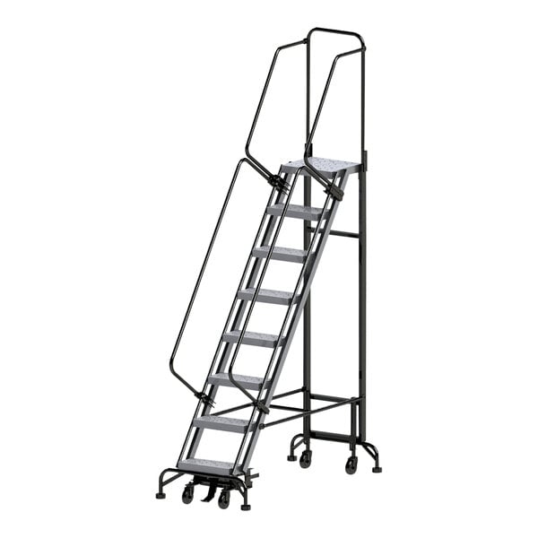 A gray Ballymore steel rolling ladder with wide steps and a wide base.