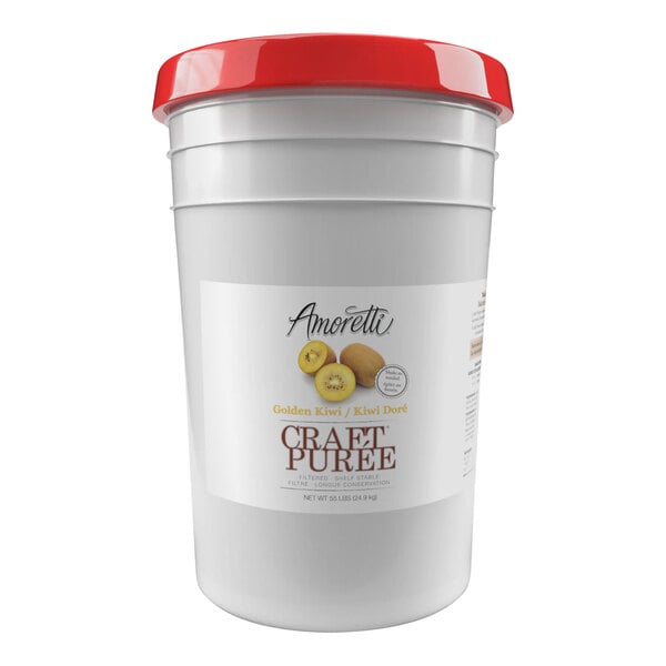 A white bucket of Amoretti Golden Kiwi Craft Puree with a white label and red lid.