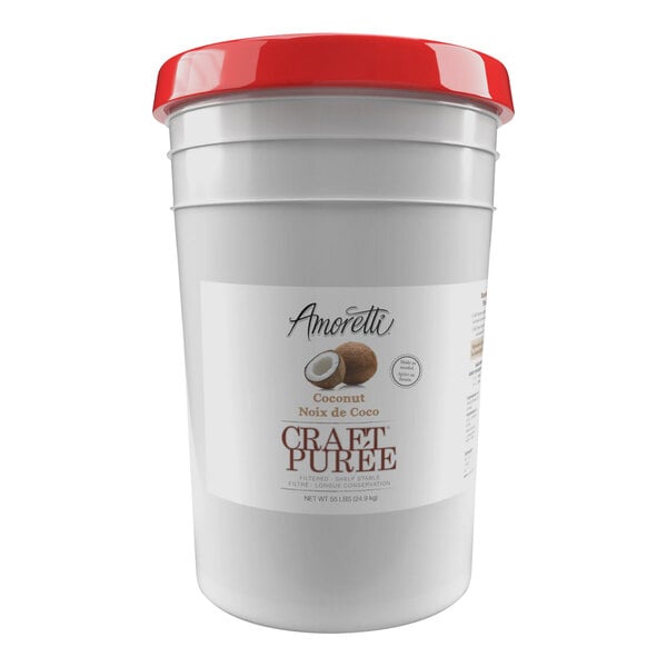 A white bucket of Amoretti Coconut Craft Puree with a red lid.