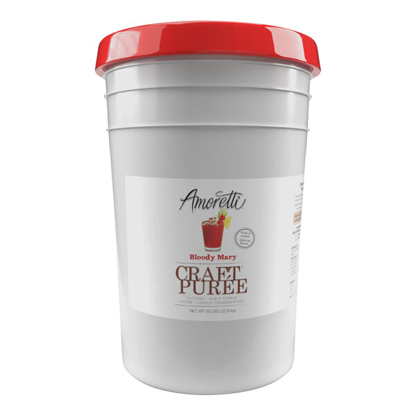 A white bucket of Amoretti Bloody Mary craft puree with a red label and lid.