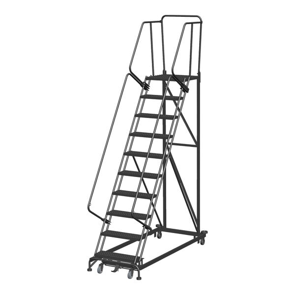 A gray steel Ballymore rolling ladder with metal bars.