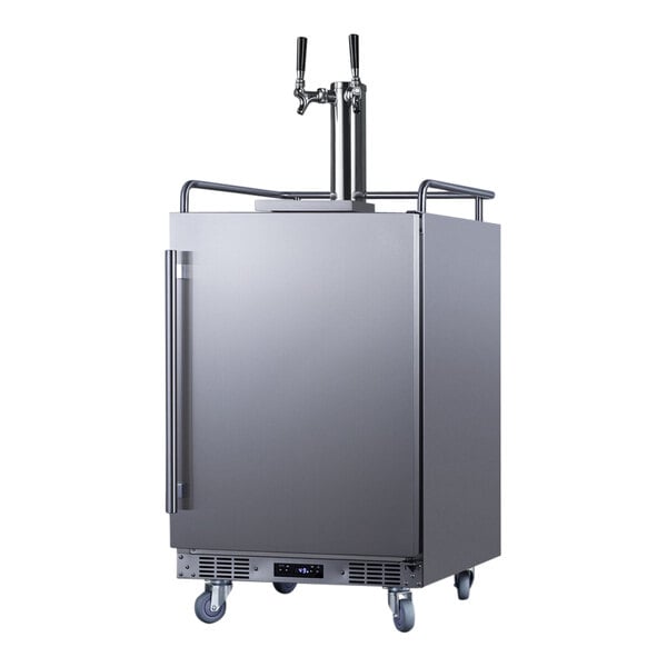 A silver Summit Appliance cold brew kegerator with two taps.