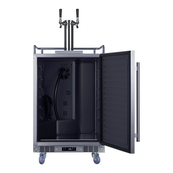 A black Summit cold brew kegerator with a door open.