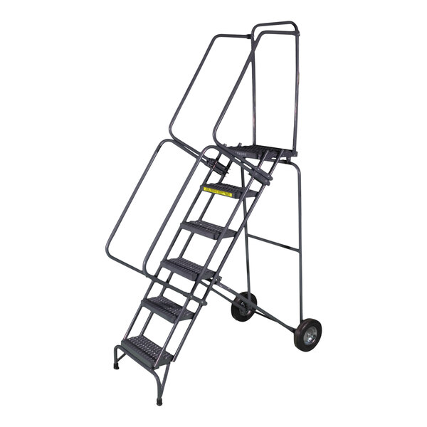 A stainless steel Ballymore rolling ladder with 5 steps and wheels.