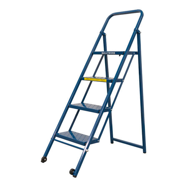 A blue Ballymore 4-step ladder with wheels.