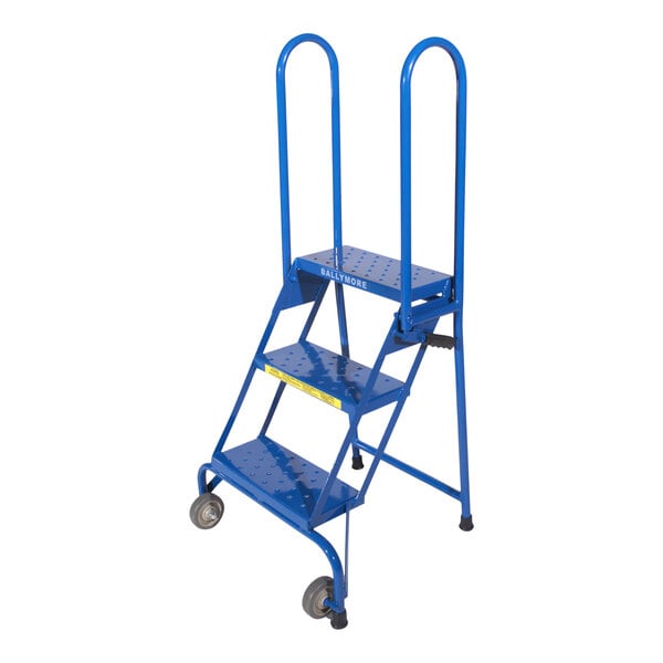 A blue Ballymore metal 3-step rolling ladder.