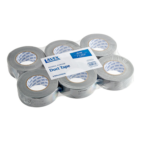 A pack of six Lavex general purpose gray duct tape rolls.