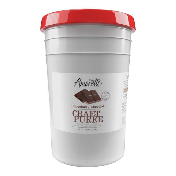 A white bucket with a red lid filled with Amoretti Chocolate Craft Puree.